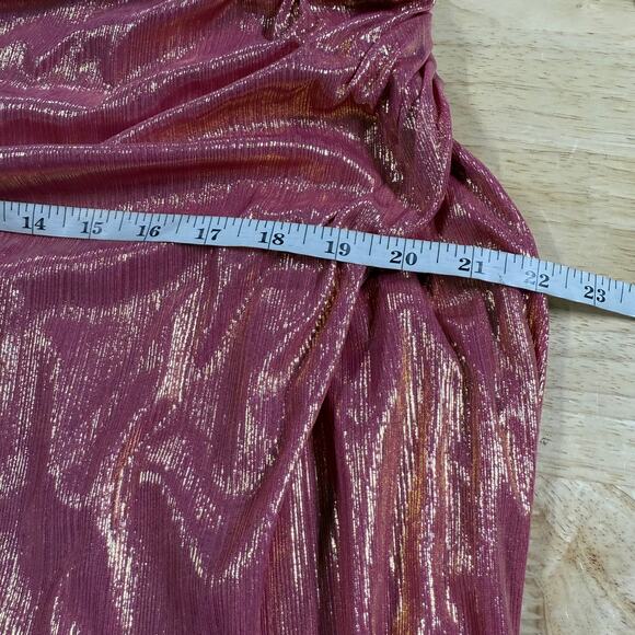 Mac Duggal NWT Off The Shoulder Ruched Waist Slit Metallic Gown Pink Size 16 - Picture 8 of 9